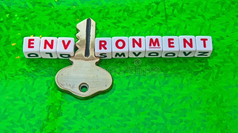 Text 'environment' in uppercase red letters inscribed on small white cubes with letter'i' replaced with a gold key, green background. Text 'environment' in uppercase red letters inscribed on small white cubes with letter'i' replaced with a gold key, green background.