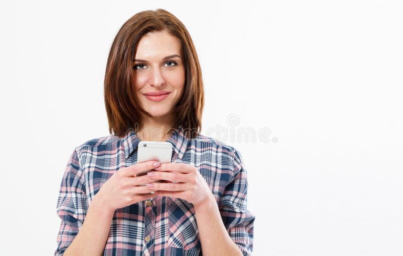 I want like from instagram. Close up photo portrait of attractive funny cheerful brunette lady using holding cellular in hand isolated over white background. Copy space. I want like from instagram. Close up photo portrait of attractive funny cheerful brunette lady using holding cellular in hand isolated over white background. Copy space.