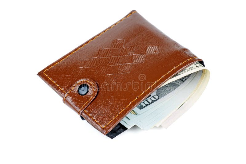 Cheap brown wallet with $100 bills isolated on white background