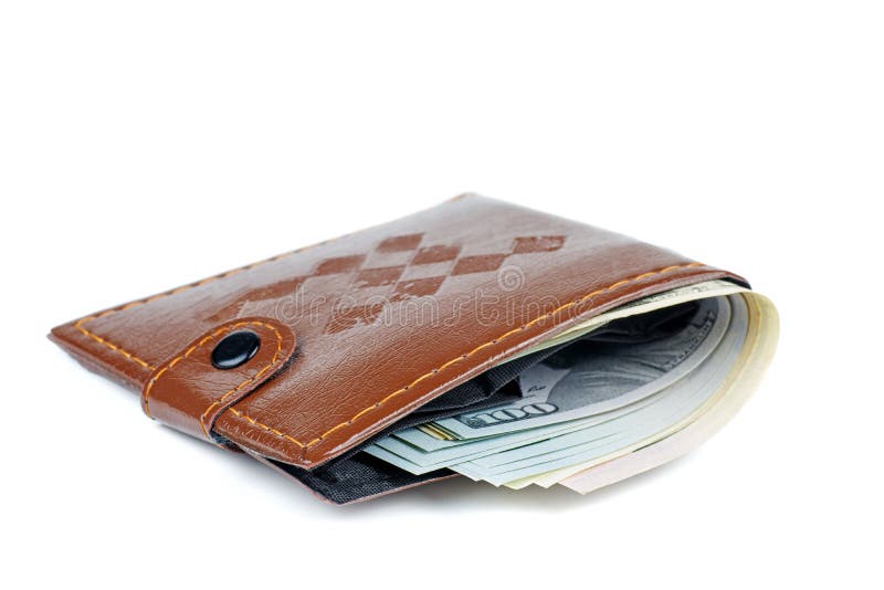 Cheap brown wallet with $100 bills isolated on white background