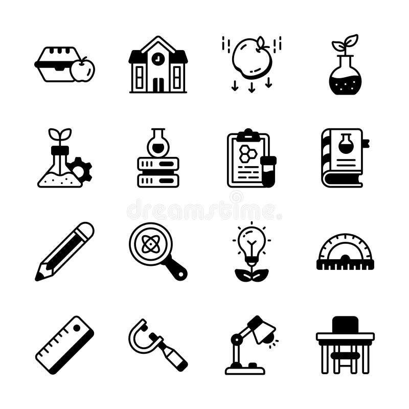 Handy Pack of Science and Learning Glyph Style Icons stock illustration