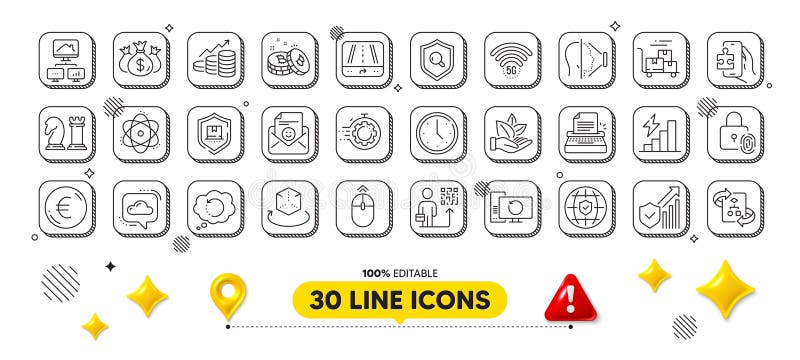 Check investment, Technical algorithm and Global insurance line icons pack. For web app. 3d design elements. Vector royalty free illustration