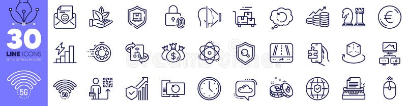Check investment, Technical algorithm and Global insurance line icons pack. For web app. Vector stock illustration