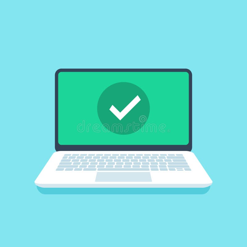 Check mark on laptop screen. Success tick icon or confirmation notification on open laptop display flat vector vector illustration