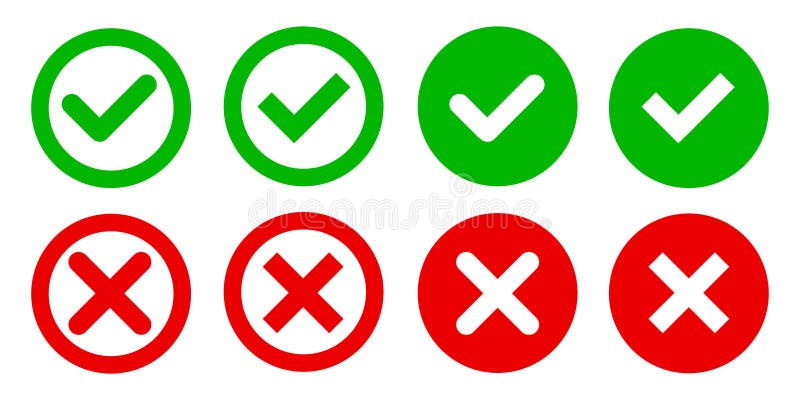 Check mark, tick and cross button, x mark, green and red check box with yes and no sign set in circle shape vector illustration