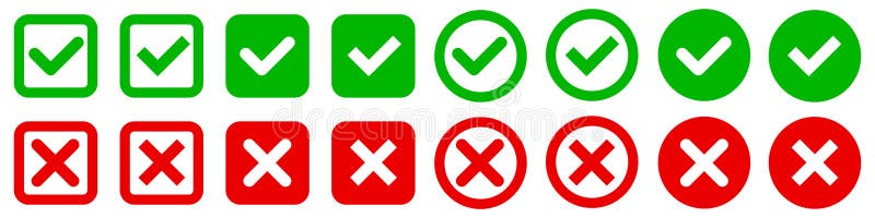 Check mark, tick and cross button, x mark, green and red check box with yes and no sign set in circle and square shape vector illustration
