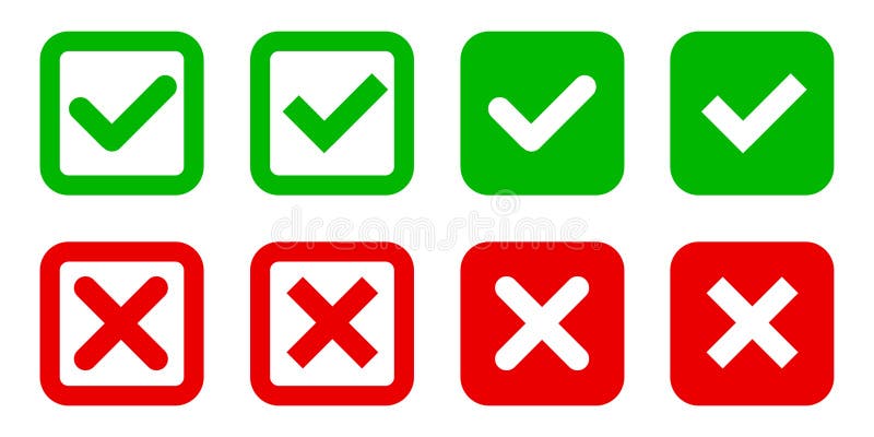 Check mark, tick and cross button, x mark, green and red check box with yes and no sign set in square shape royalty free illustration