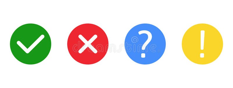 Check marks and cross mark set. Exclamation and question marks. Green tick and red cross in circle shape. YES or NO vector illustration