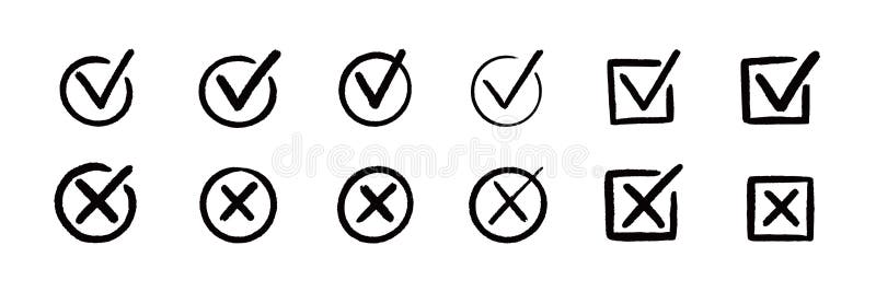 Check tick mark icon set. Cross box x check mark checkbox v list vector draw hand drawn sketch doodle brush marker stock illustration
