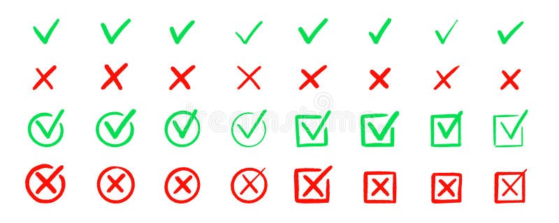 Check tick mark icon set. Cross box x check mark checkbox v list vector draw hand drawn sketch doodle brush marker vector illustration