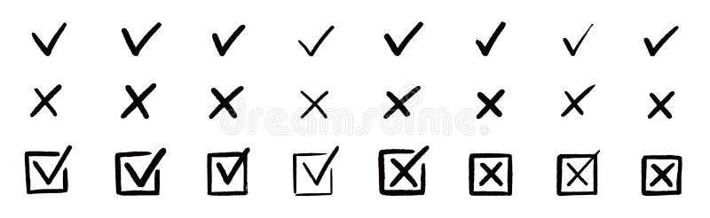 Check tick mark icon set. Cross box x check mark checkbox v list vector draw hand drawn sketch doodle brush marker vector illustration
