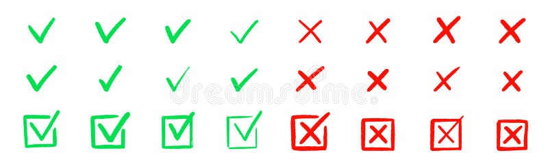 Check tick mark icon set. Cross box x check mark checkbox v list vector draw hand drawn sketch doodle brush marker stock illustration