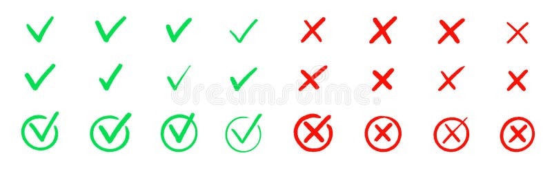 Check tick mark icon set. Cross box x check mark checkbox v list vector draw hand drawn sketch doodle brush marker royalty free illustration