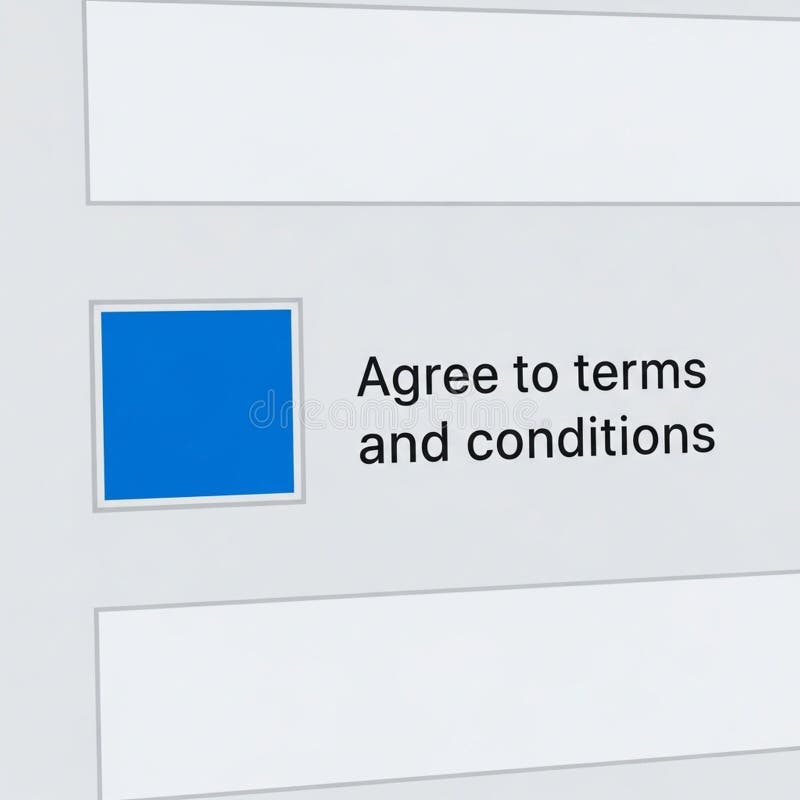 Checkbox interface with a blue square indicating selection. Accompanied by text Agree to terms and conditions. Standard UI element seen in digital forms and online agreements typically requiring user consent for proceeding. User consent illustrations