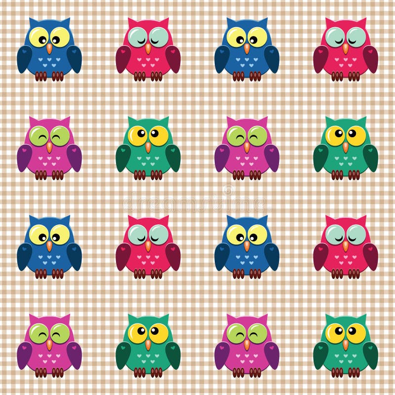 Vector seamless checked pattern colourful little cute owls. Vector seamless checked pattern colourful little cute owls.