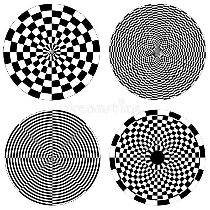 A collection of black and white descending spirals, including dartboard. EPS8 compatible vector file includes custom brushes to make more patterns. A collection of black and white descending spirals, including dartboard. EPS8 compatible vector file includes custom brushes to make more patterns.