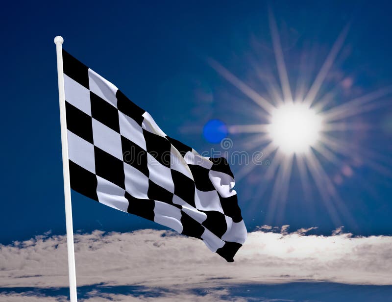 Checkered Flag. High resolution image of a checkered flag. With bright sun and blue sky. Detailed fabric texture and transparency. Copy space included royalty free stock images Checkered Flag. High resolution image of a checkered flag. With bright sun and blue sky. Detailed fabric texture and transparency. Copy space included royalty free stock images