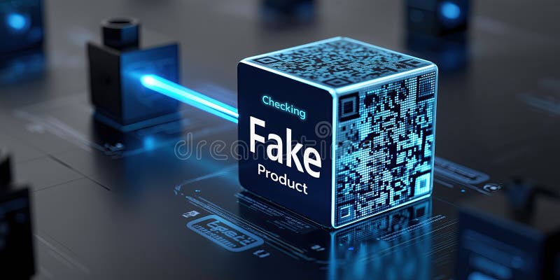 Checking fake product glowing QR code cube, digital verification, futuristic technology stock illustration