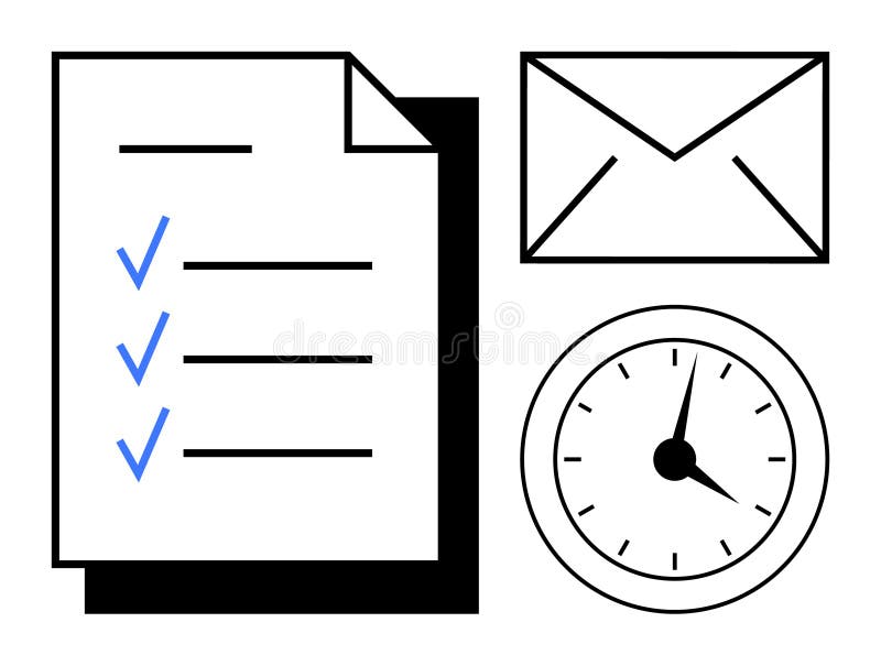 Task Management Essentials with Checklist, Clock, and Envelope for Productivity royalty free illustration