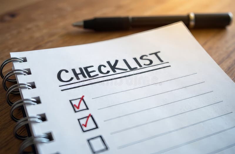 Checklist with checked items on a wooden surface during daytime work stock photos