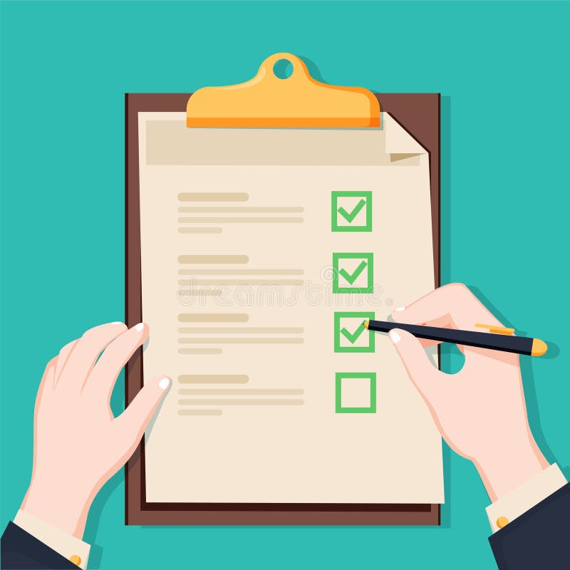 Checklist clipboard. Human holding checklist and pencil. Questionnaire, survey, task list. Vector illustration stock illustration