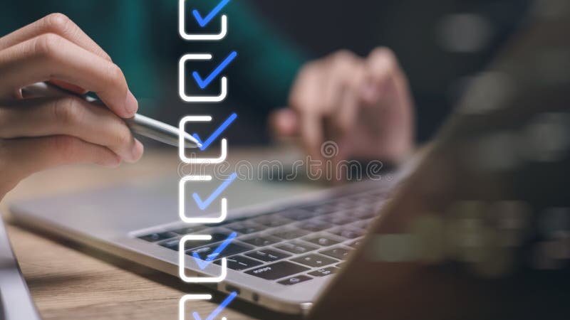 Checklist concept. Women using a laptop. Checking marks on checkboxes on the futuristic virtual interface screen royalty free illustration