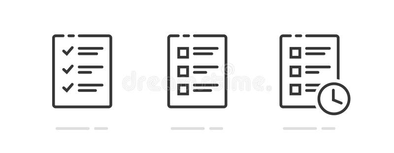 Checklist document line stroke simple icon graphic set, thin outline linear check list test exam paper form with clock time, quiz stock illustration