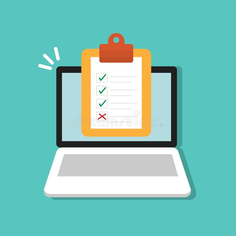 Checklist form on clipboard on laptop icon. Customer survey concept vector illustration flat style royalty free illustration