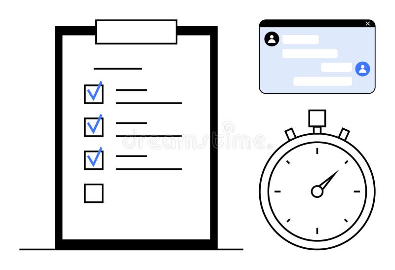 Task Checklist with Stopwatch and Chat Window for Time Management and Communication stock illustration