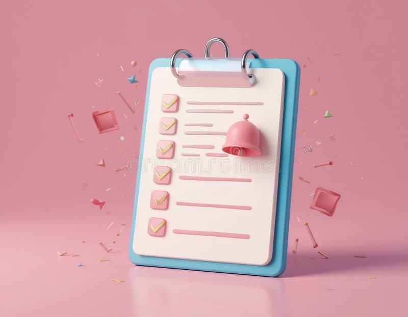 Checklist with Notification Bell and Confetti on Pink Background Illustration vector illustration