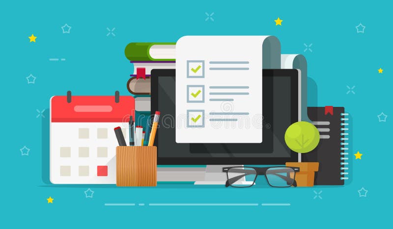 Checklist survey document on computer and working desk table vector, flat cartoon pc checkmarks exam paper form or to do vector illustration