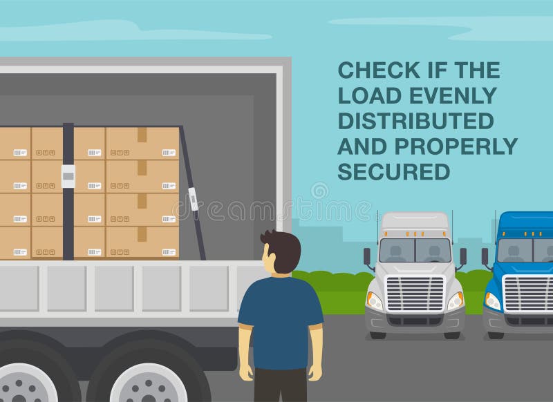 Checklist for truck drivers. Check if the load evenly distributed and secured. Semi-trailer loaded with cardboard boxes. stock illustration