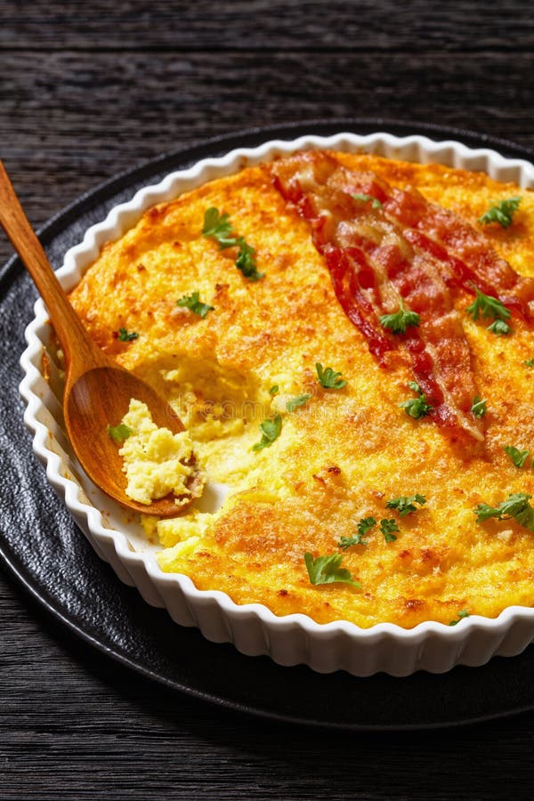 Cheddar Cheese Grits Casserole with Bacon Slices Stock Image Image of