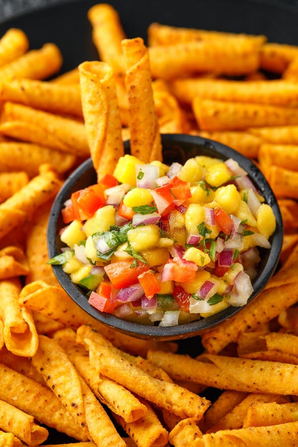 Cheddar Cheese Tortilla Rolls, Chips in Serving Basket with Mango Salsa