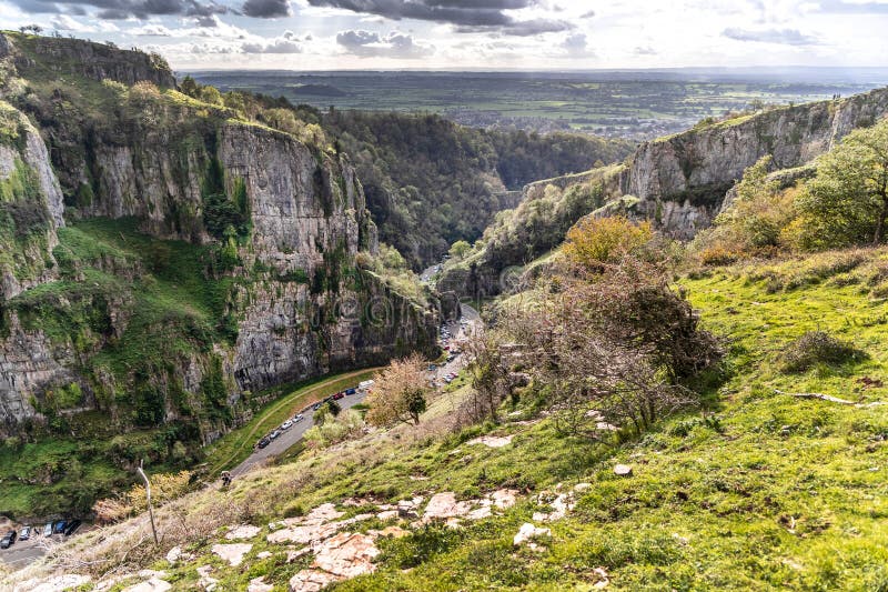 Cheddar, UK - October 22, 2023: View from cliffs edge of winding road Cheddar Gorge in Somerset royalty free stock image