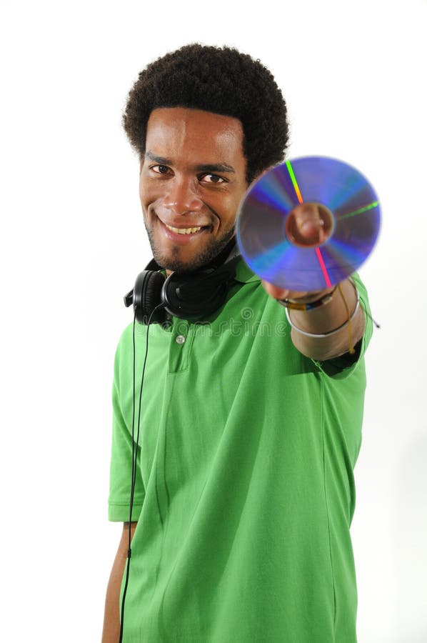 Cheerful african guy holding CD