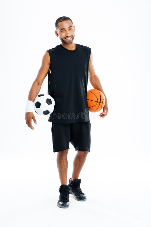 Cheerful African Sports Man Holding Basketball And Soccer Ball Stock ...