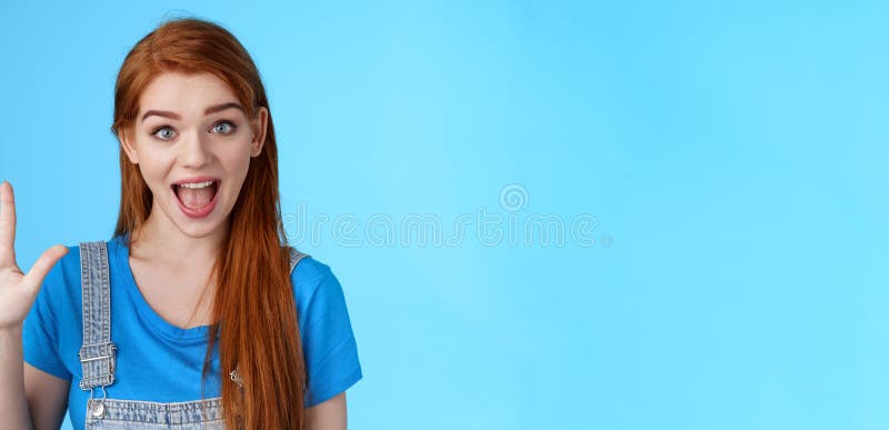 Cheerful Amused Redhead Woman Long Natural Red Hairstyle Show Number