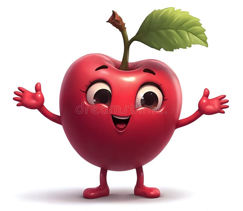 A cheerful, anthropomorphic red apple character with a smiling face, arms outstretched, and a leaf on top, set vector illustration