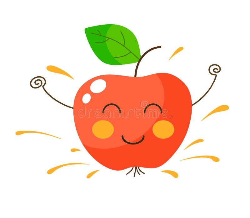 A cheerful apple with a smile and splashing juice in cartoon style on a white background vector illustration