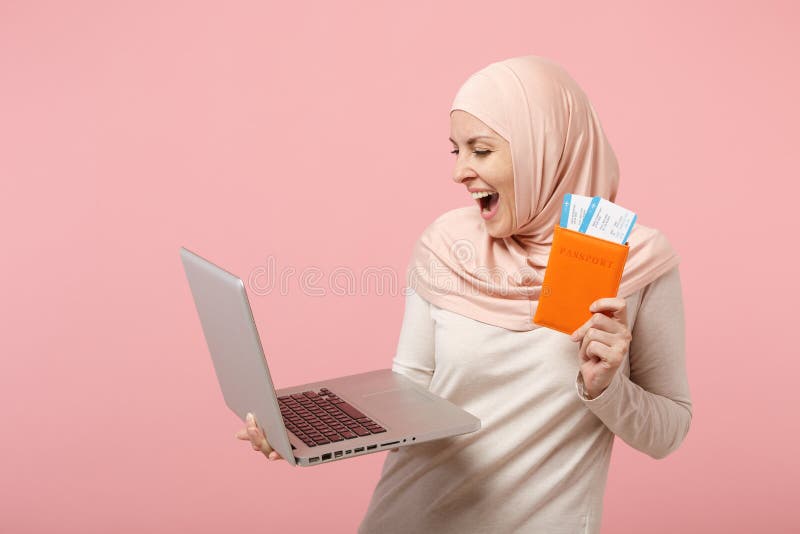 Cheerful Arabian Muslim Woman In Hijab Light Clothes Posing Isolated On Pink Background People 