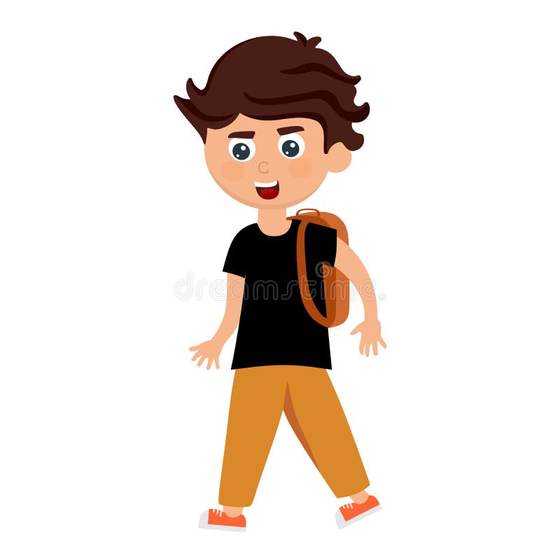 A Cheerful Boy In A Black T Shirt With A Backpack In A Cartoon Style Vector Illustration Stock Vector Illustration Of Teenager Backpack