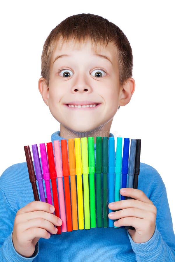 Cheerful Boy with a Felttip Pen in His Hand Stock Image Image of
