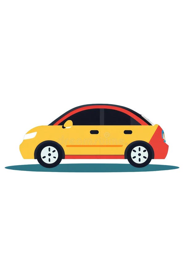 A cheerful, bright yellow car with red accents is parked on a flat surface, showcasing a vibrant, minimalistic graphic royalty free stock images