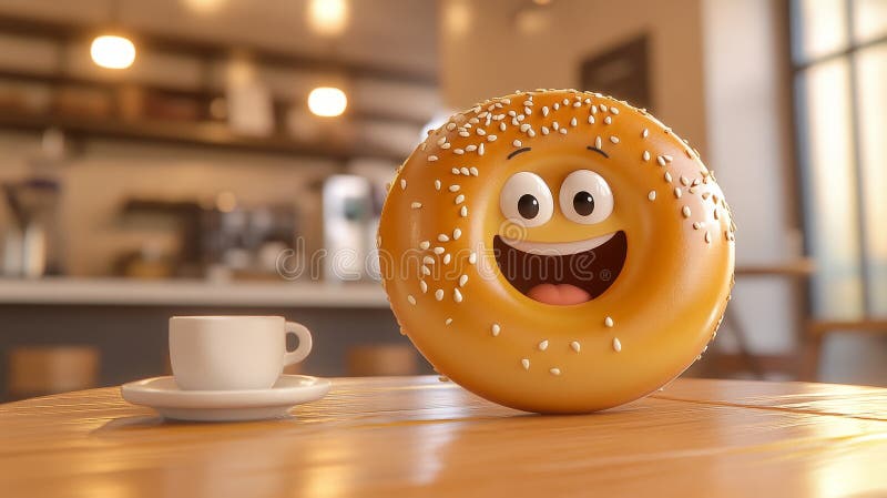 Cheerful cartoon bagel character with a coffee cup in a cafe stock photos