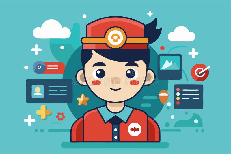 A cheerful cartoon character wearing a red cap and uniform, surrounded by digital design elements, Customizable cartoon stock illustration