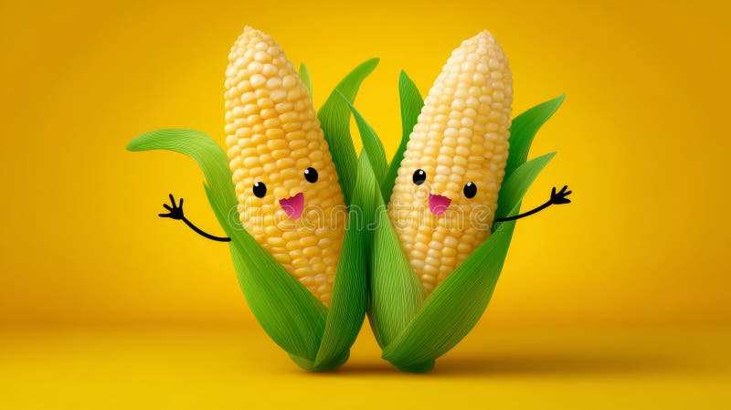 Cheerful cartoon corn with faces and green husks on yellow background royalty free stock photo
