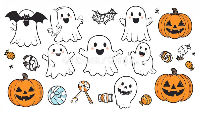 Cheerful cartoon ghosts, pumpkins, candy, and spiderwebs against a white backdrop, ideal for Halloween-themed projects. Spiderwebs illustrations