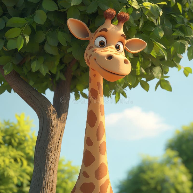Cheerful cartoon giraffe with tree backdrop in vibrant jungle setting stock photography