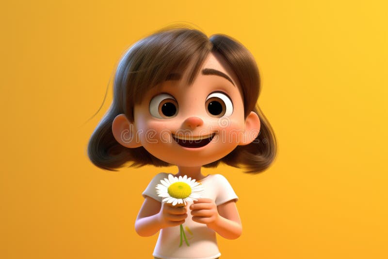 3D illustration of a joyful cartoon girl in a white shirt, holding a white daisy on orange background. 3D illustration of a joyful cartoon girl in a white shirt, holding a white daisy on orange background